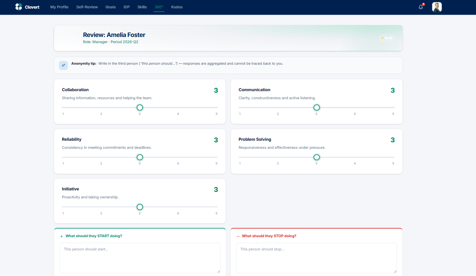 360 feedback form with competency sliders and start/stop fields