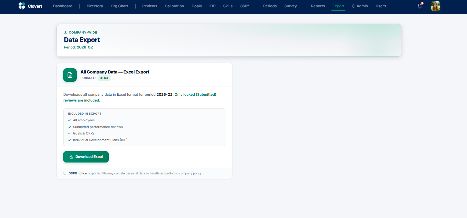 Data Export screen for company-wide Excel export
