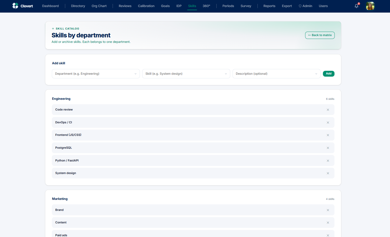 Skill catalog by department