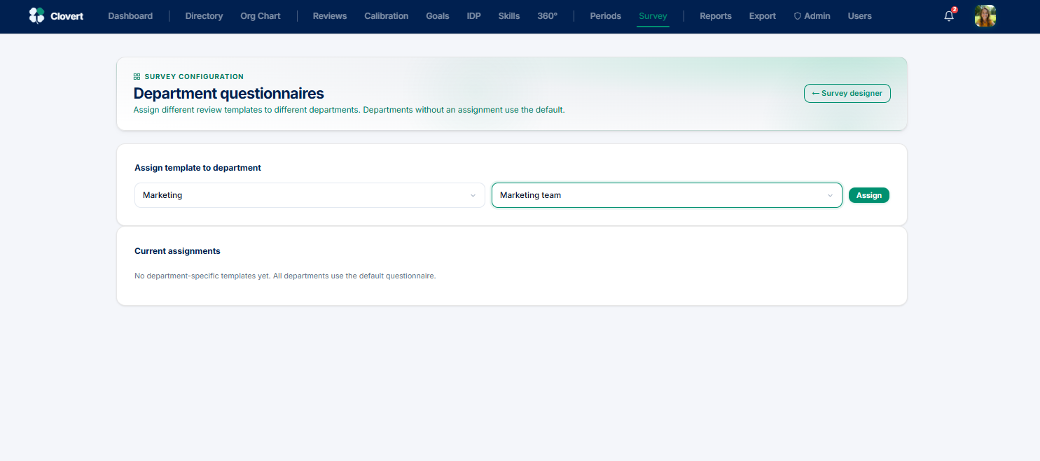 Department questionnaires assignment screen