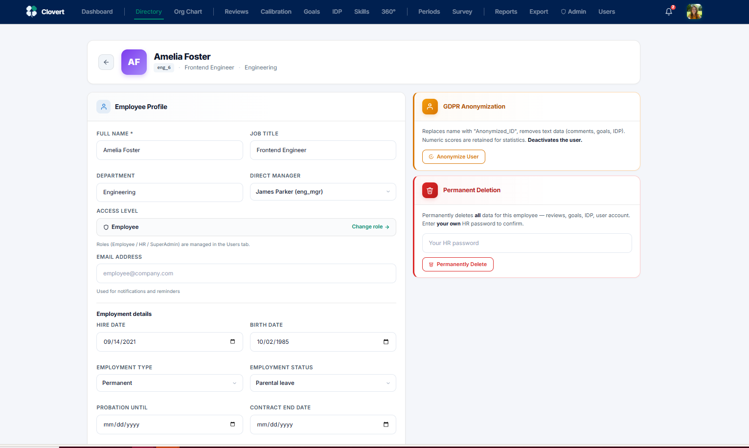Employee profile edit screen with GDPR anonymization and deletion panels