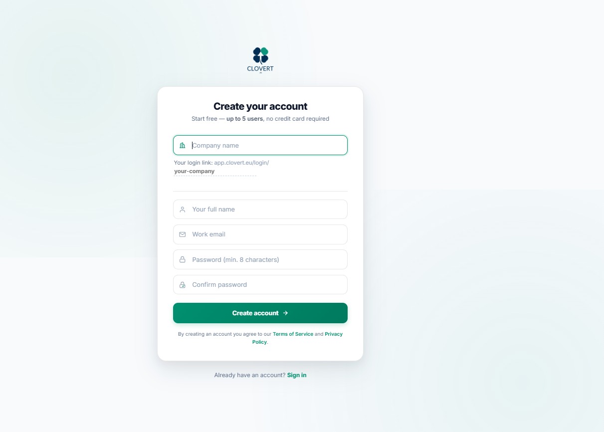 Create your account registration screen